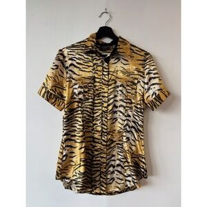 Coogi Shirt Womens Large Black Gold Tiger Animal Print Short Sleeve Button Up